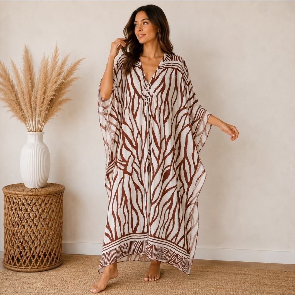 One Size Kaftan Dress Resortwear Geometric Lines Cream Brown Beach Cover Up